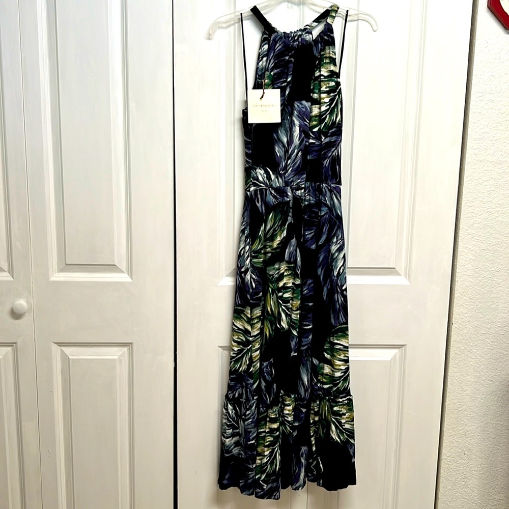 Cynthia Rowley Black Palm Leaves Print Strap Neck Maxi Dress Size S NWT